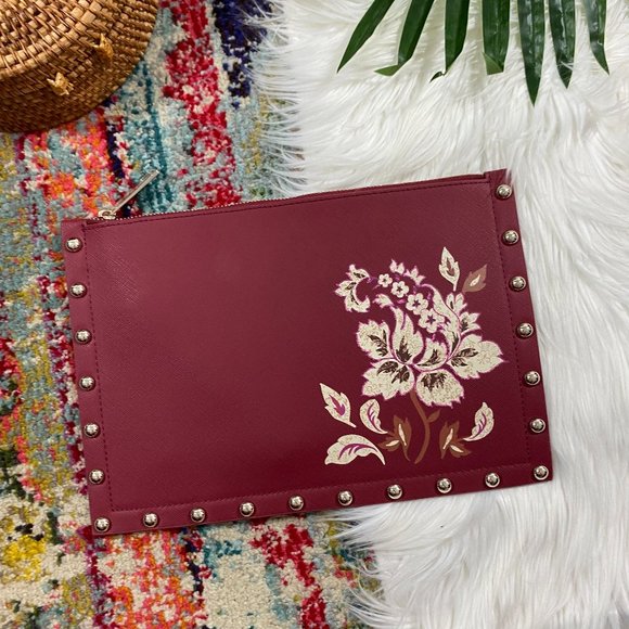 White House Black Market Red Studded Floral Print Envelope Clutch